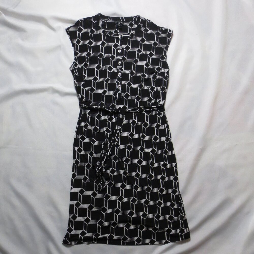 EN FOCUS STUDIO womens DRESS white BLACK sleeveless MIDI belted STRETCH SIZE 14